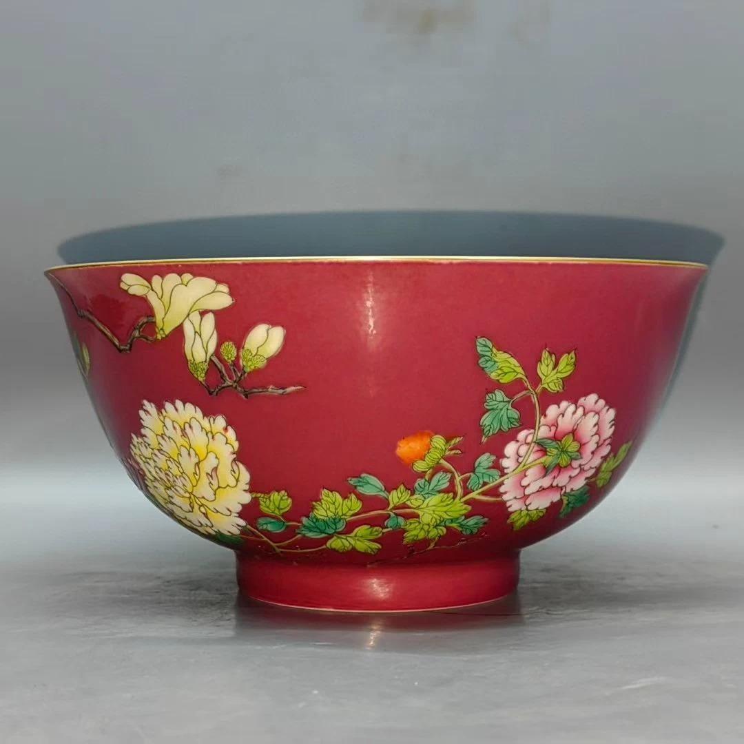 珐琅彩 胭脂紅地 花卉文 碗｜陶磁器｜精巧絵付け｜雍正年制