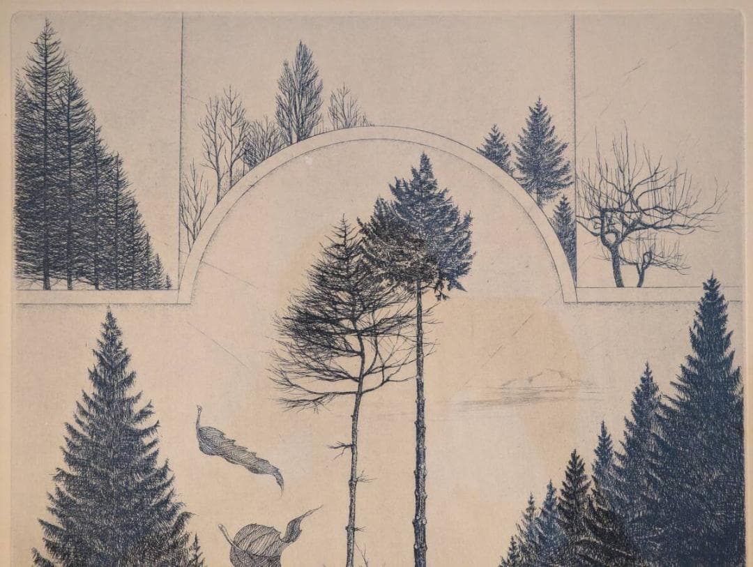 【真作】版画　銅版画　幻想的な森の版画　モダンなインテリアアート　V158