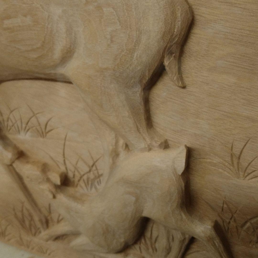 A491 越中井波彫刻 武部豊 名工伝統工芸士【親仔】木彫刻シカ 額装本物保証