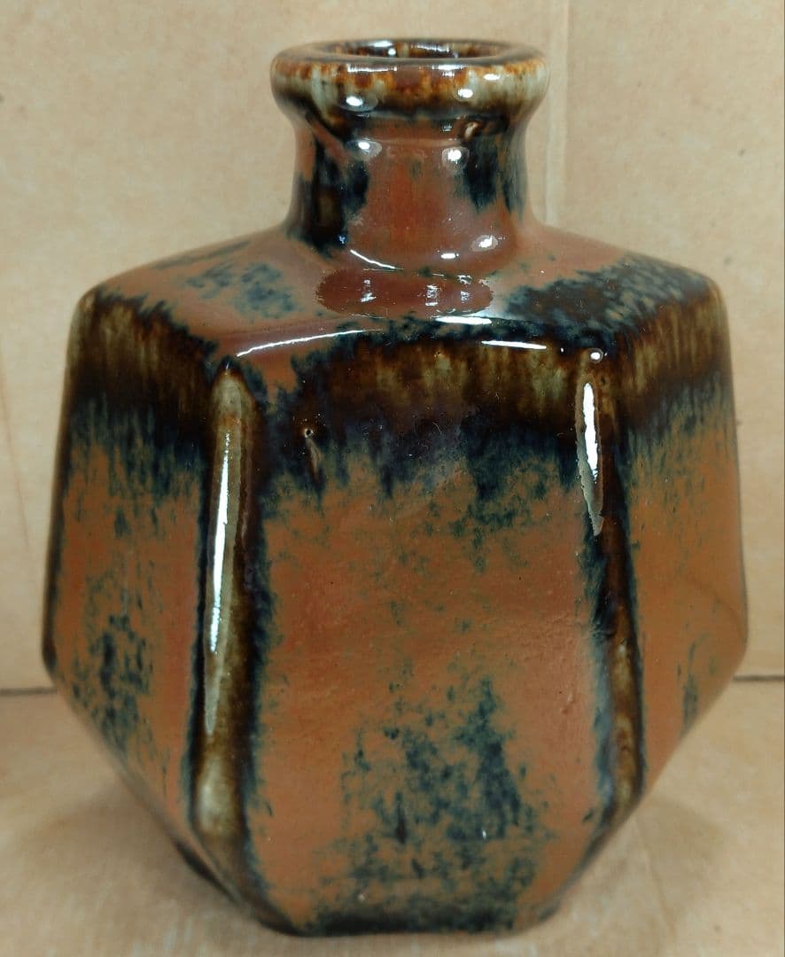 ポコ！河井寛次郎 柿釉六角扁壷 河井敏孝識箱 美品 民藝の巨匠