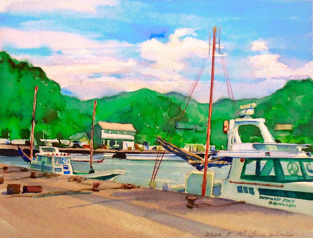 水彩画 港の風景 2022年制作 F6サイズ 原画 額装済み
