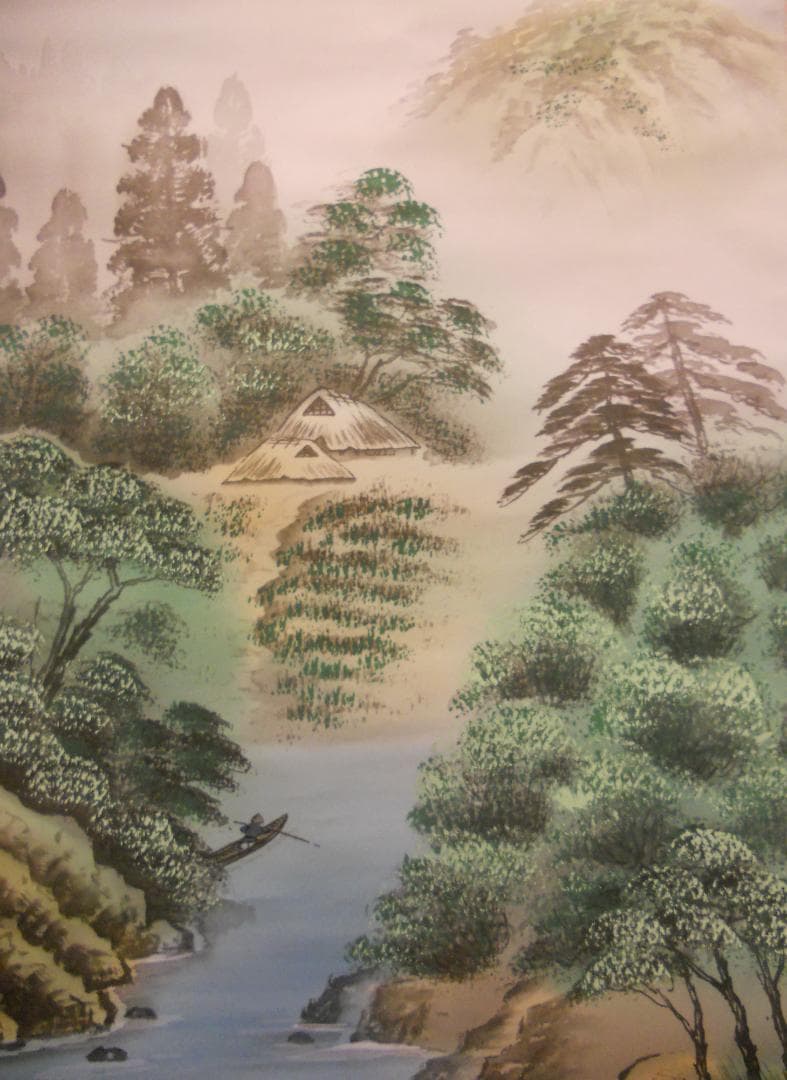 掛け軸 春堂 彩色山水 絹本 希少 軸装 茶道具 掛軸 美品 です。