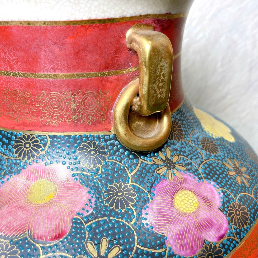 高級！骨董品　薩摩焼　大瓶　金蘭手染錦花絵図　金錦　耳付　壺 花瓶