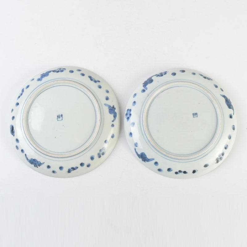 中国　青花　花草鳥文盤　皿　一對　在銘　C　9290