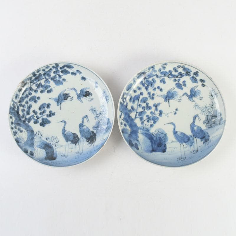 中国　青花　花草鳥文盤　皿　一對　在銘　C　9290