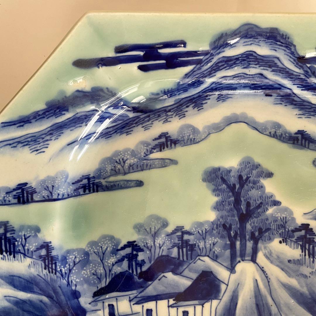 古伊万里　青磁染付山水文八角皿　江戸時代中期〜後期頃　名品
