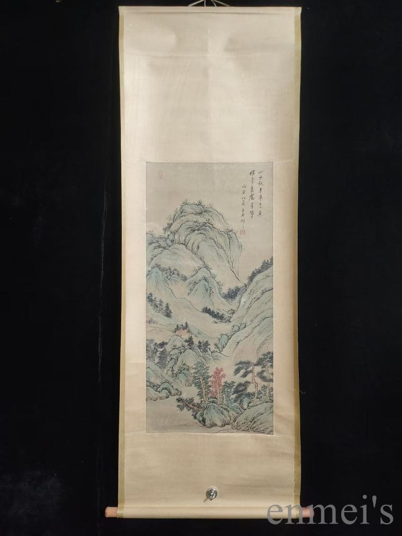 中国古美術.王原祁款.山水図.宣紙画.三尺手描き.肉筆.掛け軸.水墨画.文房置物