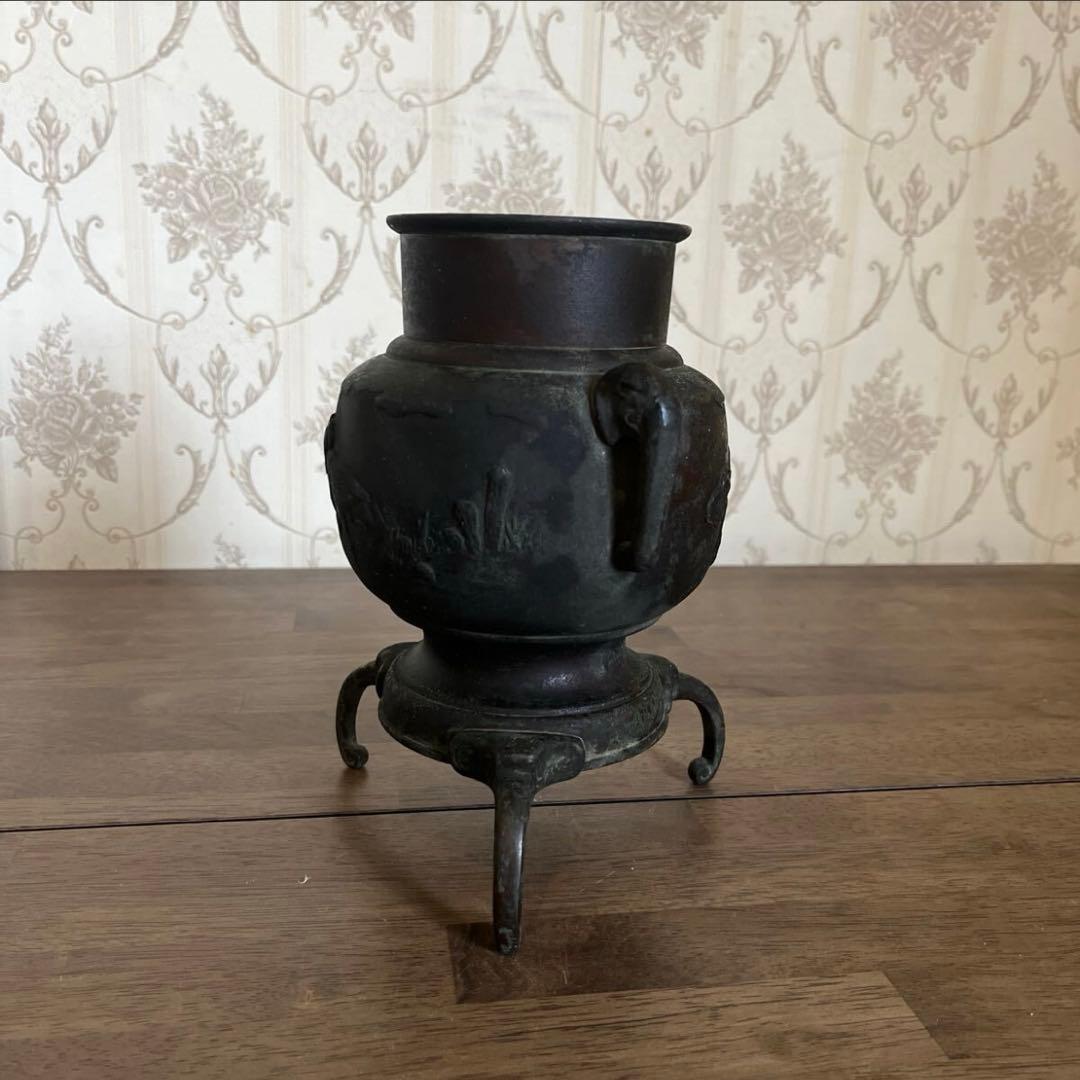 【アンティーク】銅製 青銅 薄端 中国美術 置物 三足 花器 花瓶 香炉 古道具