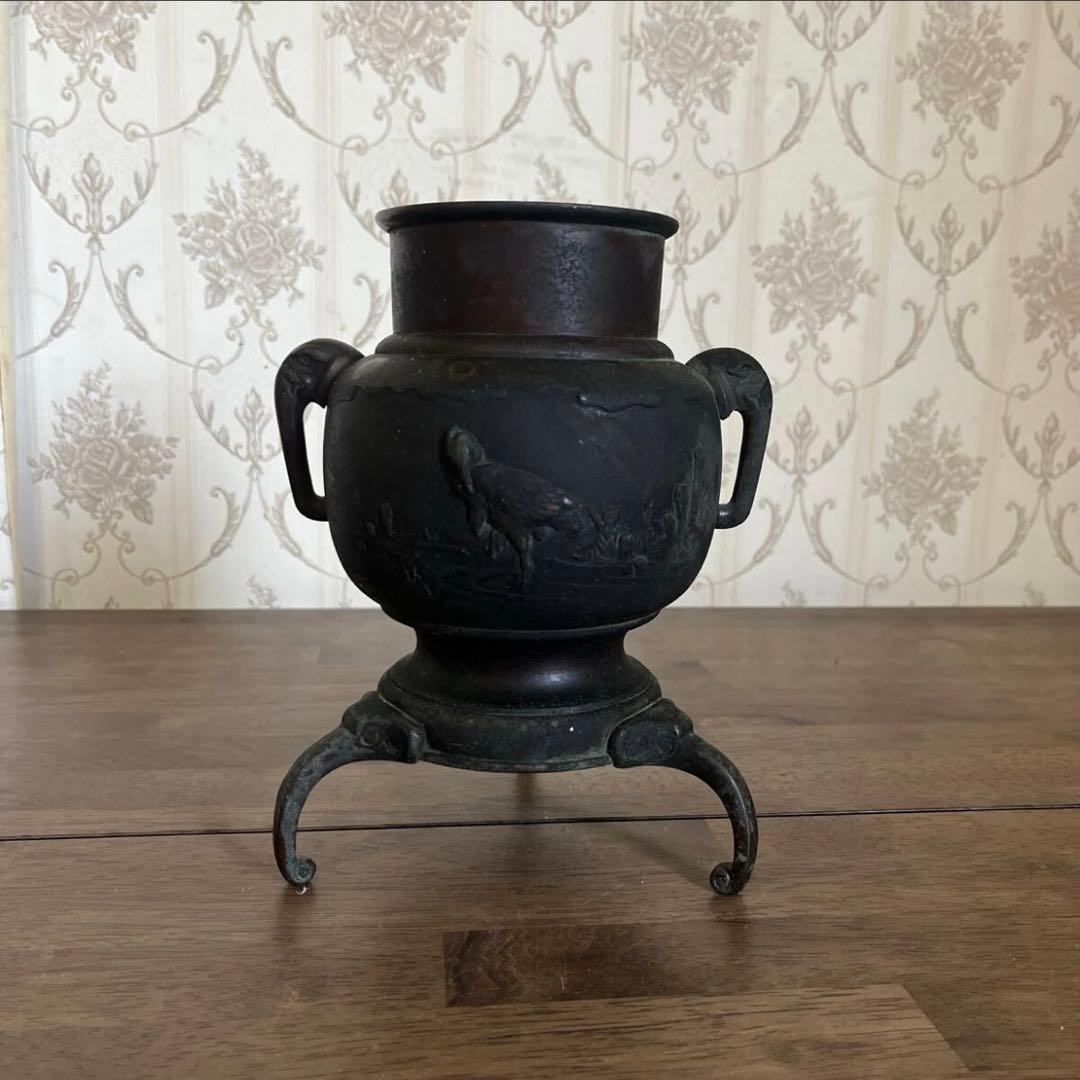 【アンティーク】銅製 青銅 薄端 中国美術 置物 三足 花器 花瓶 香炉 古道具