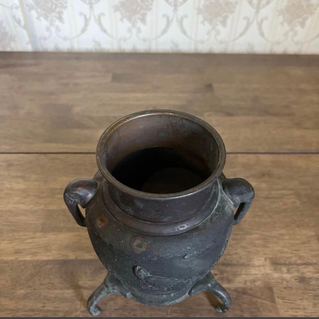 【アンティーク】銅製 青銅 薄端 中国美術 置物 三足 花器 花瓶 香炉 古道具