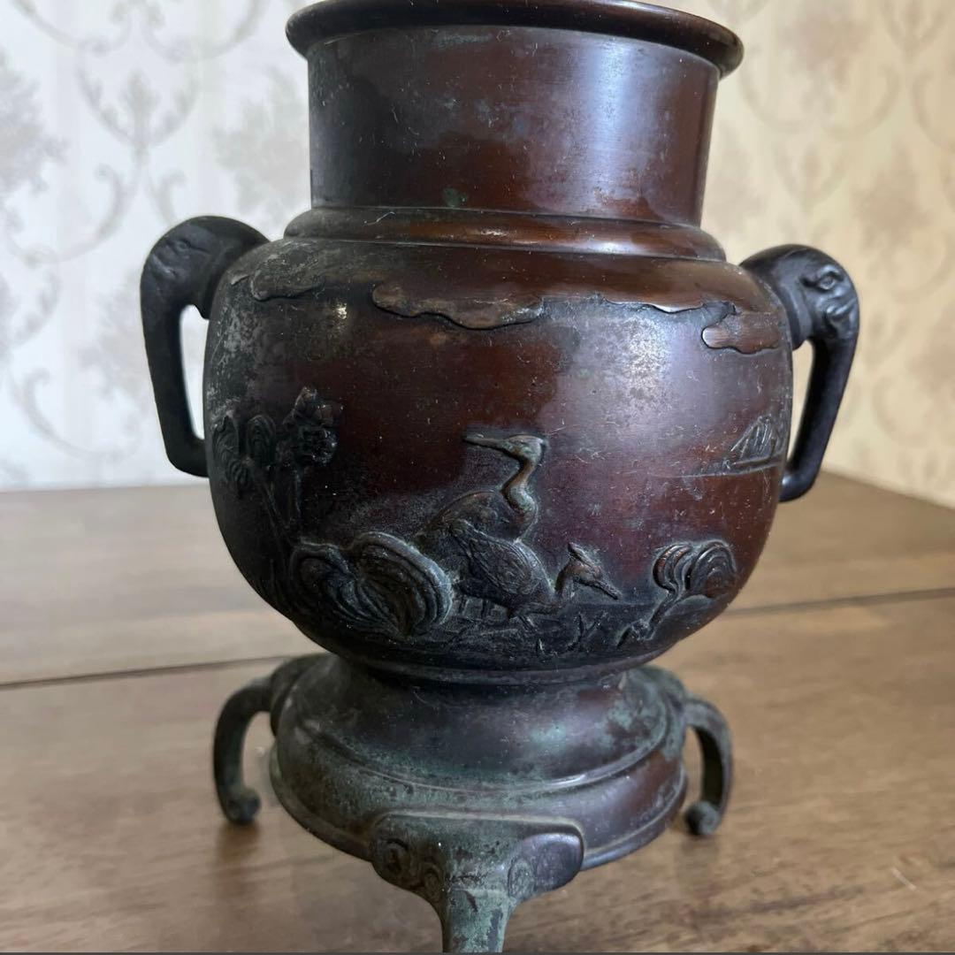 【アンティーク】銅製 青銅 薄端 中国美術 置物 三足 花器 花瓶 香炉 古道具