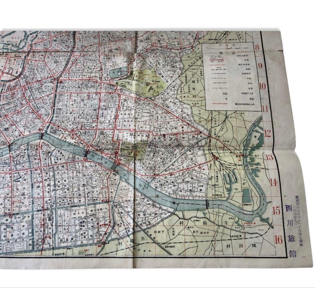 大正11年3月発行　萬朝報附録『実用　東京案内大地図』両面地図/古地図　西川旅館