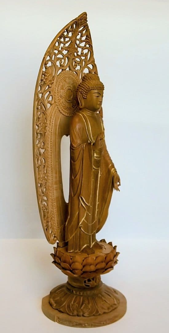 阿弥陀如来立像 5寸 #661 円台座 宝相華唐草 透彫り◆白檀 木彫 仏像