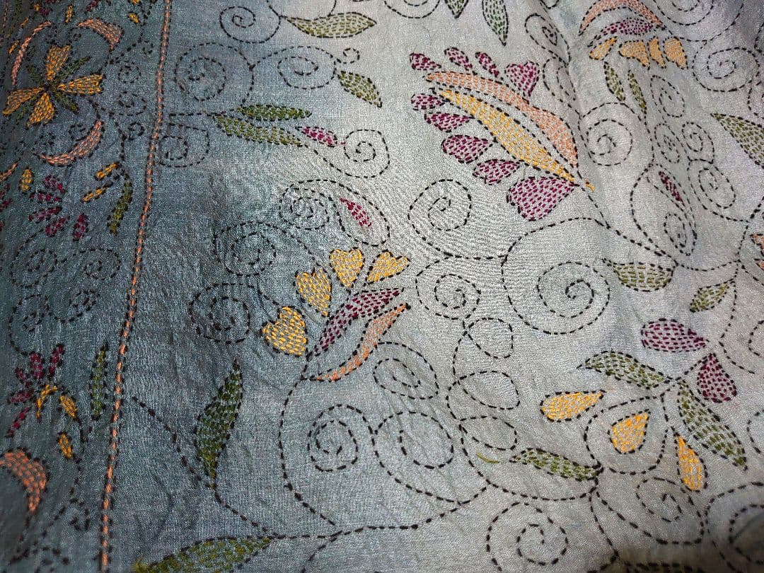 超希少　インド　カンタ刺繍サリー　BL