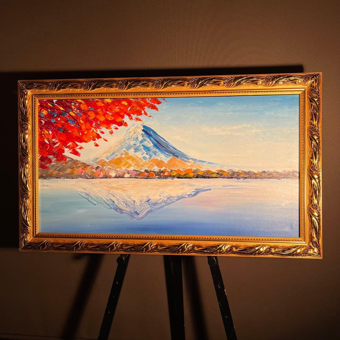 手書き油絵 色づく湖と山 額付き 肉筆絵画 インテリア 油彩画
