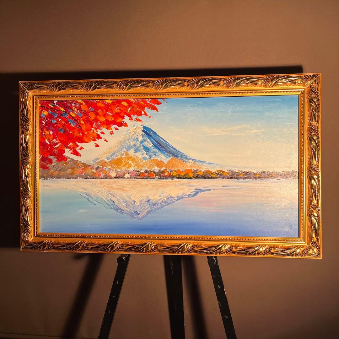 手書き油絵 色づく湖と山 額付き 肉筆絵画 インテリア 油彩画