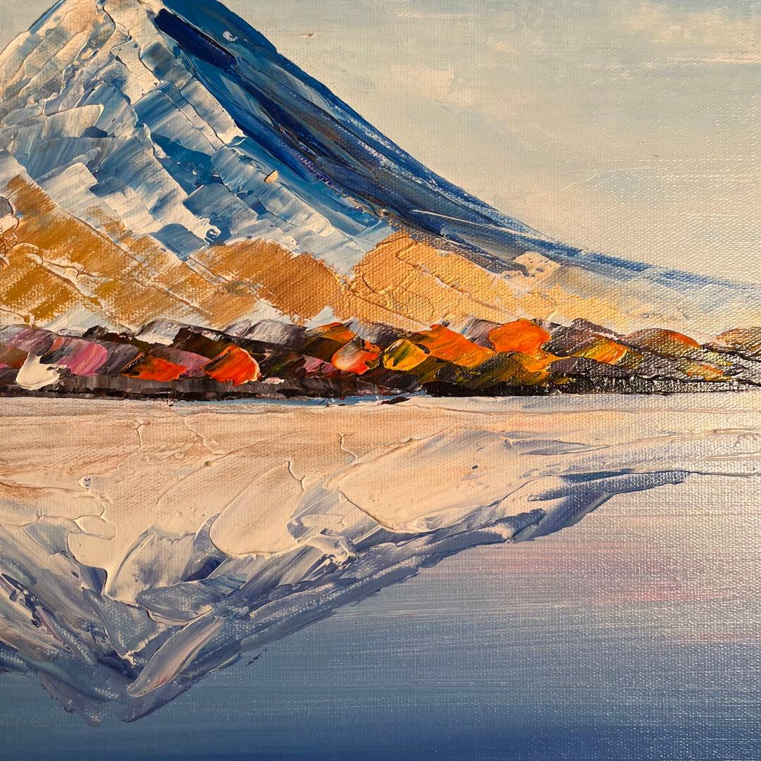 手書き油絵 色づく湖と山 額付き 肉筆絵画 インテリア 油彩画