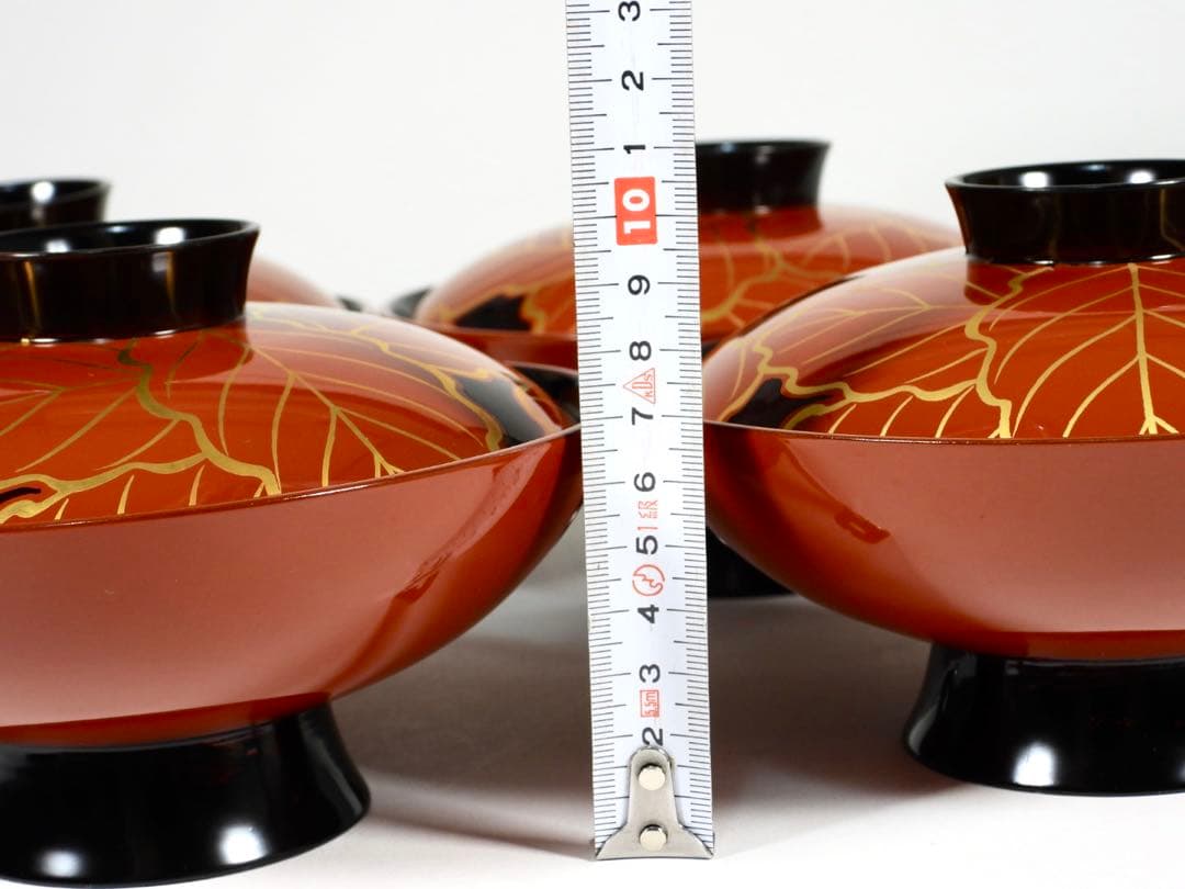 輪島塗　金彩蒔絵　柏葉尽蒔絵　木製　大煮物碗 吸物碗 四客