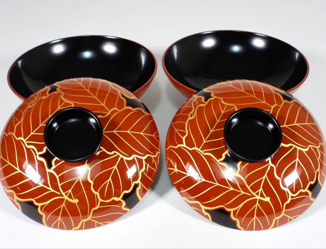 輪島塗　金彩蒔絵　柏葉尽蒔絵　木製　大煮物碗 吸物碗 四客