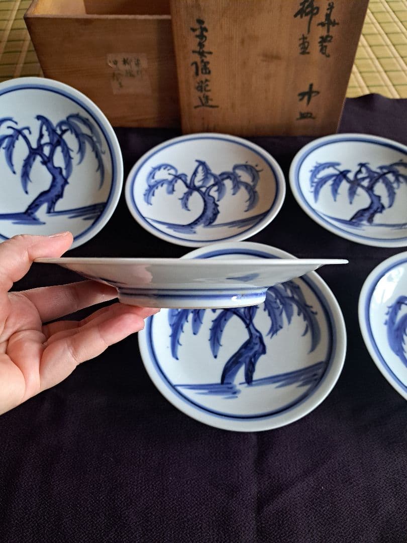 【人間国宝】富本憲吉　平安陶苑　染付　柳絵　六客　①