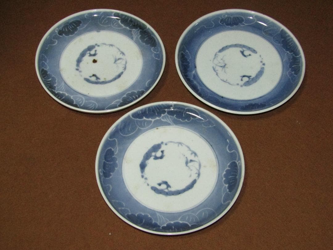 珍品！【染付　墨弾き　松竹梅図　六寸皿　七枚　江戸時代】古伊万里