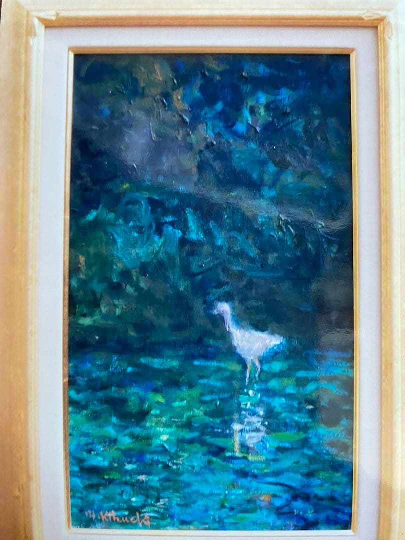 油絵。M6 「獲物をねらう」 自然　青　原画　一点物　額付き