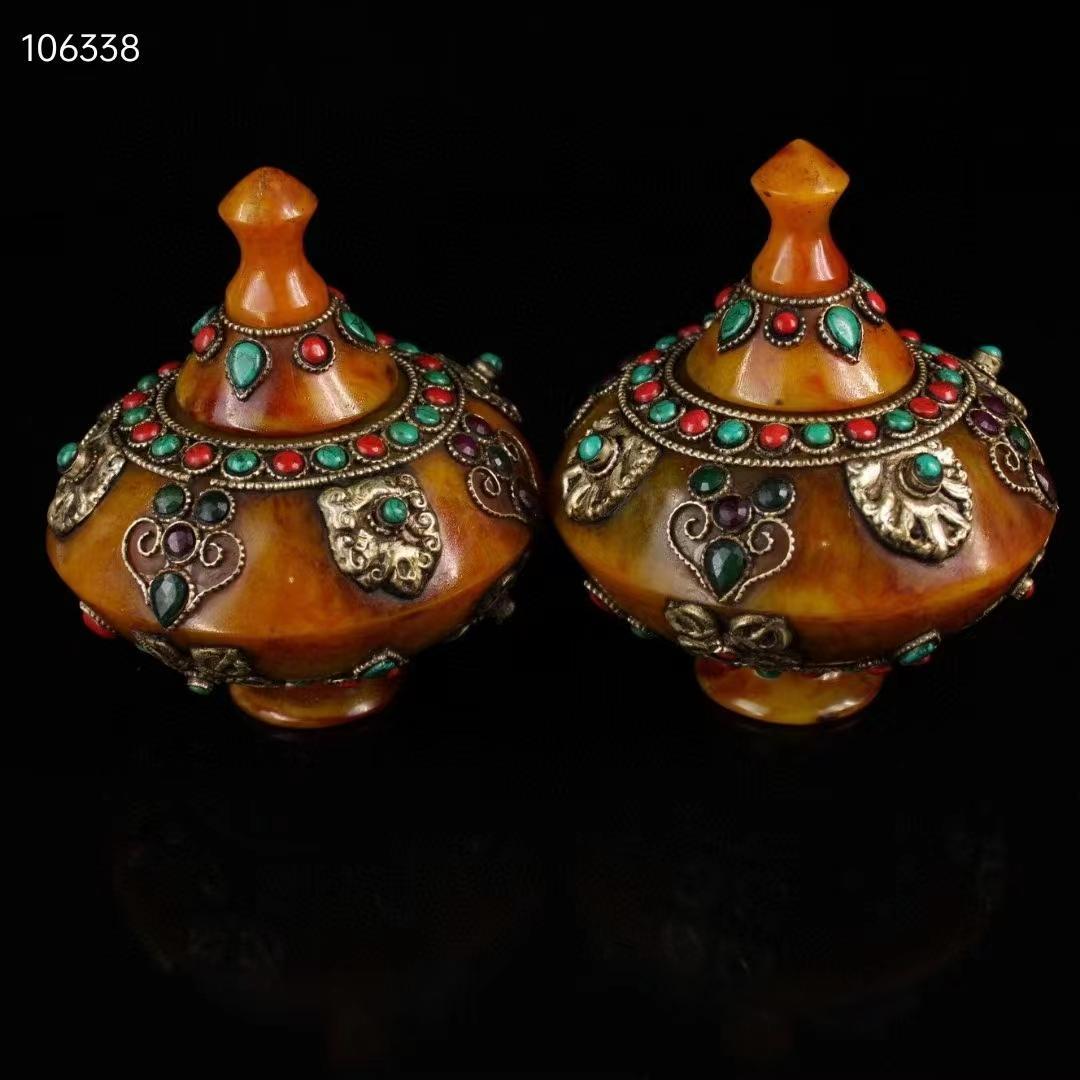 中国古美術・チベット収· 老蜜蝋純手作り・宝石掐糸多宝缶・舎利缶一対・西蔵手工芸