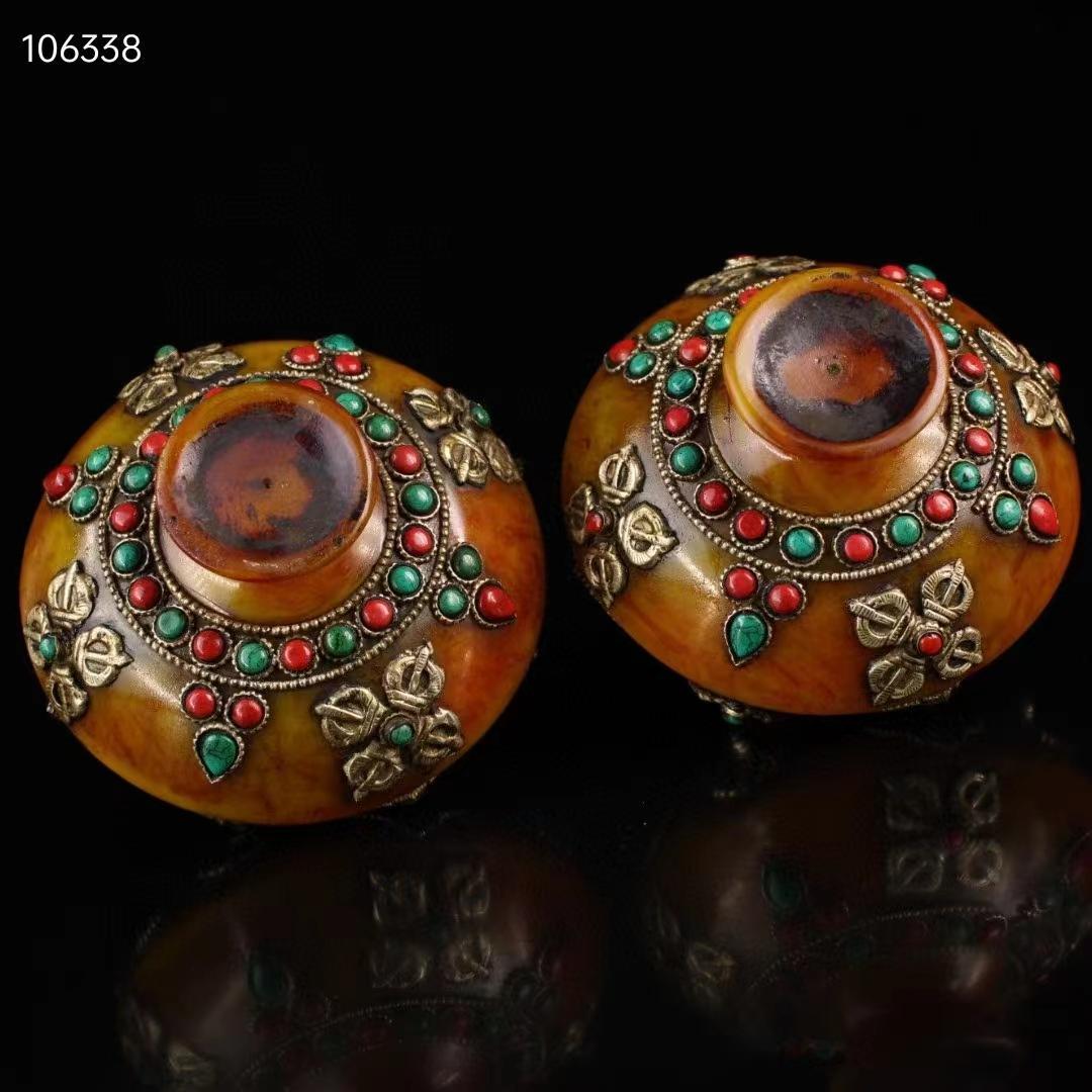 中国古美術・チベット収· 老蜜蝋純手作り・宝石掐糸多宝缶・舎利缶一対・西蔵手工芸