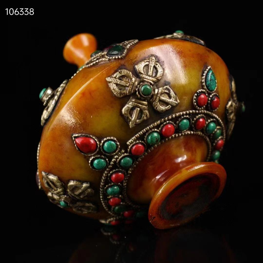 中国古美術・チベット収· 老蜜蝋純手作り・宝石掐糸多宝缶・舎利缶一対・西蔵手工芸