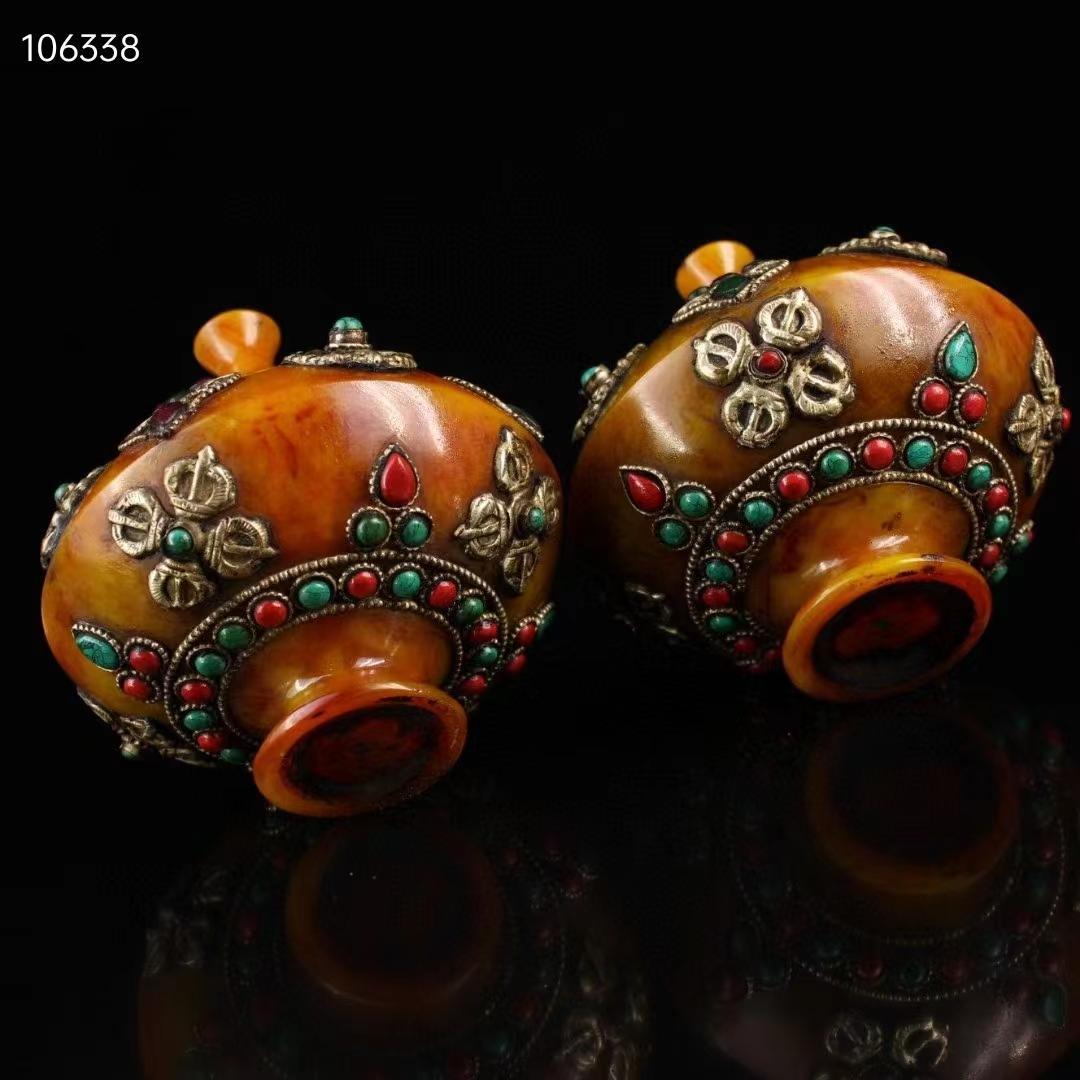 中国古美術・チベット収· 老蜜蝋純手作り・宝石掐糸多宝缶・舎利缶一対・西蔵手工芸