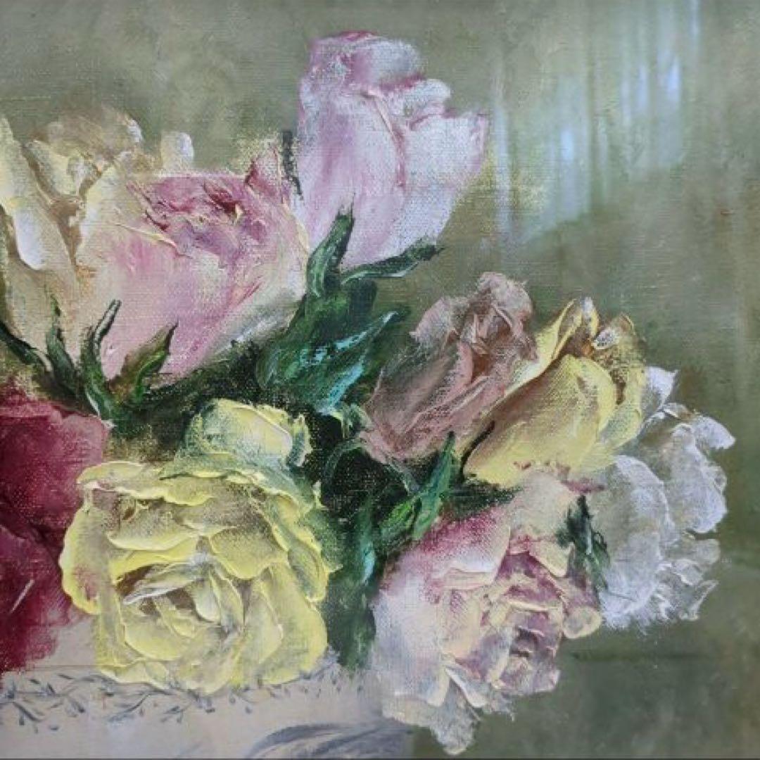 【真作】田河勇造 油彩「薔薇」F8号 額装付き