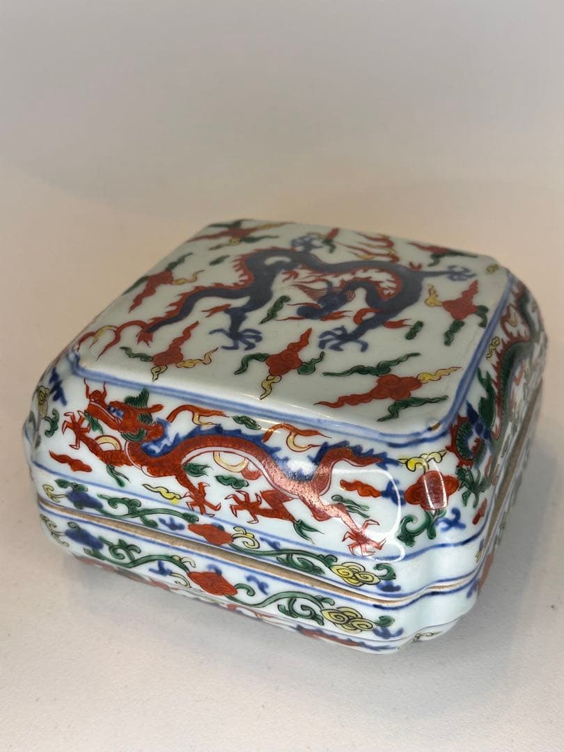 本mercy！中国 明代 大明嘉靖年製 五彩 龍文 蓋盒 四面龍文 骨董品