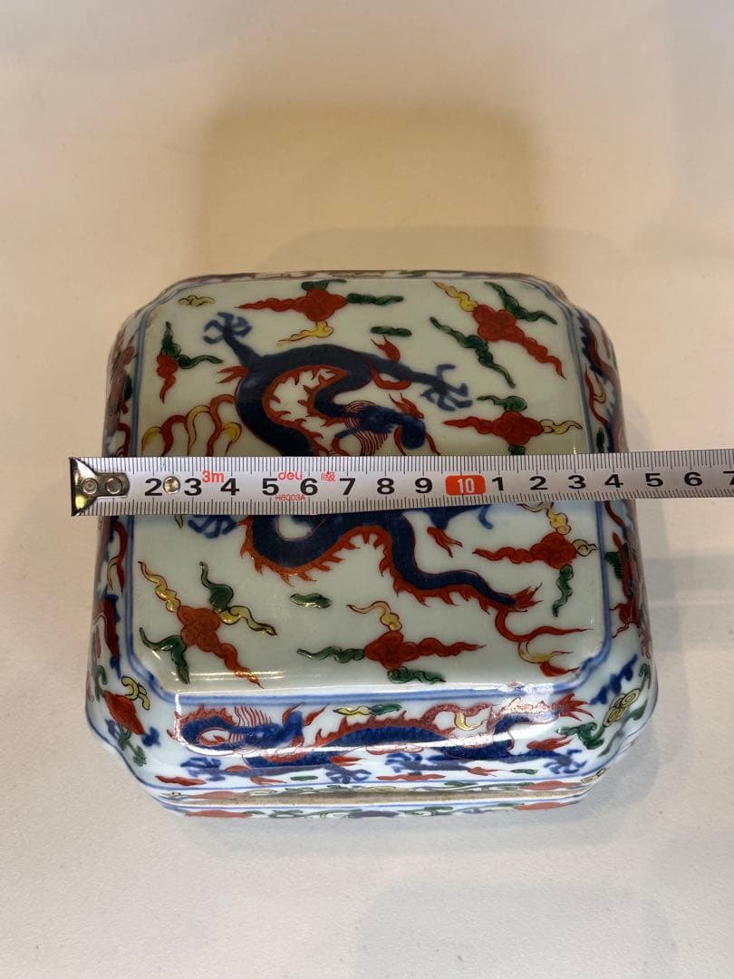 本mercy！中国 明代 大明嘉靖年製 五彩 龍文 蓋盒 四面龍文 骨董品