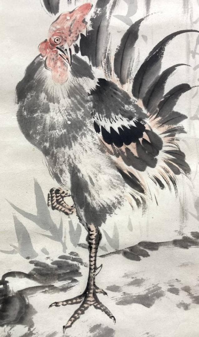 児玉果亭／田能村直入師事「軍鶏」花鳥画 水墨画 掛軸 紙本：長野県