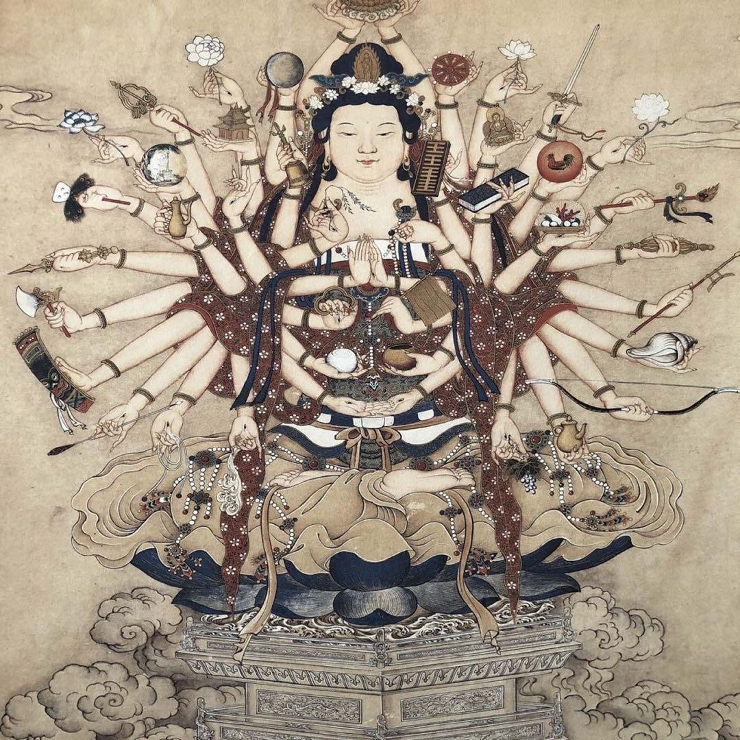 中国画 掛け軸 仏画 観音菩薩 宝相観音 彩色 仏教美術 中国美術 インテリア