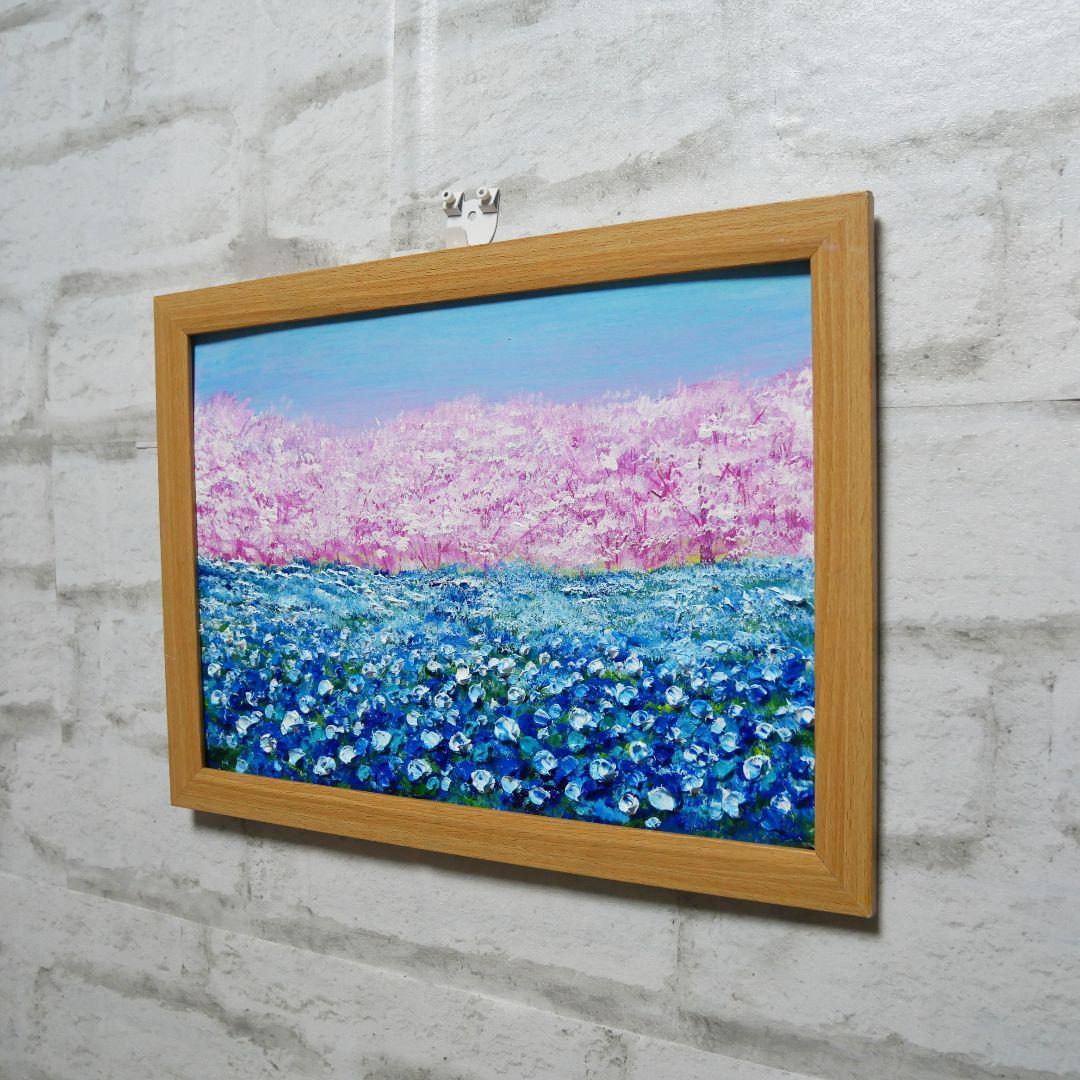 油絵 油彩 油彩画 絵画 絵【ネモフィラとサクラ】