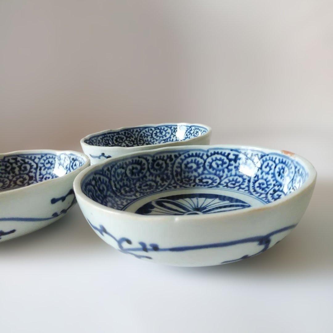 古伊万里 染付 蛸唐草文皿 三客 なます皿 くらわんか 筒江窯 アンティーク