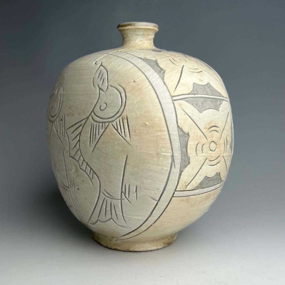 高麗三島刷毛目象嵌魚紋扁壺 李朝高麗コレクター放出品陶磁古玩朝鮮美術A1-48