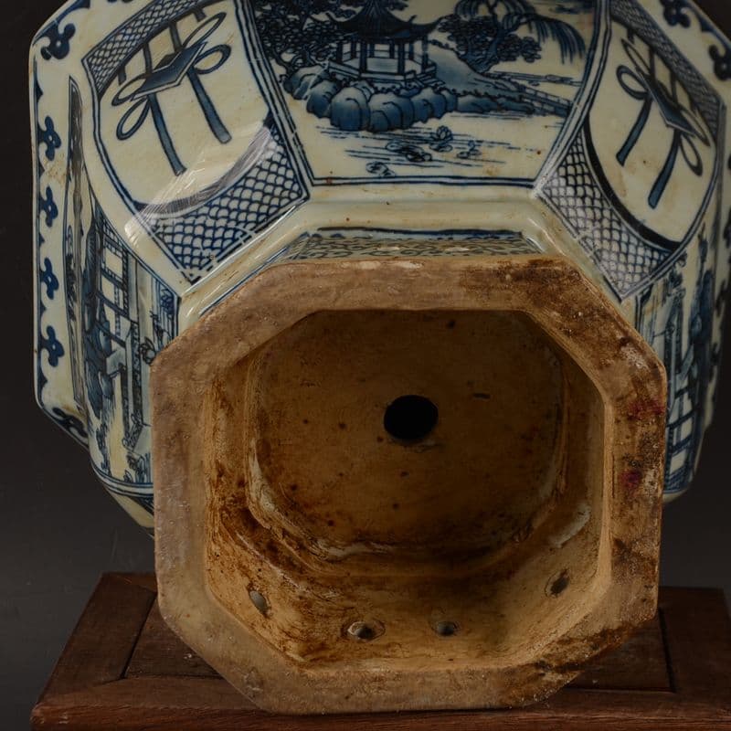 青花開窓庭楼四方高脚鉢 陶磁器 装飾品 現代工芸品美術品 置物