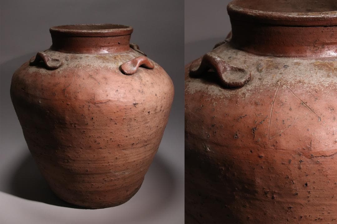 BE793 桃山期~江戸期　古信楽　四耳壷　四耳子　窯印　窯傷　壺　高37.5㎝