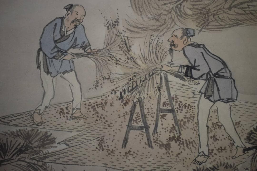 真作/景文/人物収穫図/農耕図/布袋屋掛軸HI-55