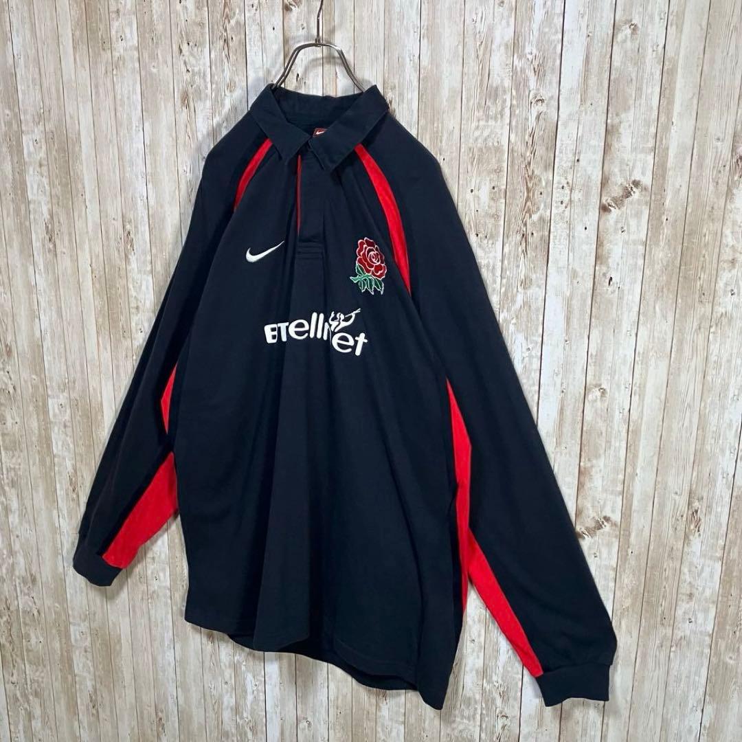 659【90s-00s】NIKE イングランド代表　ラガーシャツ　刺繍ロゴ　XL