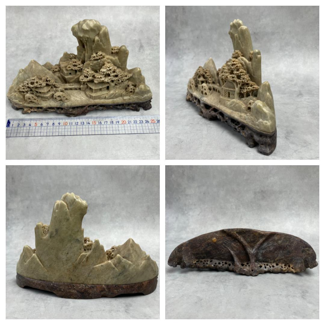 寿山石の彫刻　楼閣山水風景　ジオラマ　中国美術　天然石　水雕　ガラスケース付き