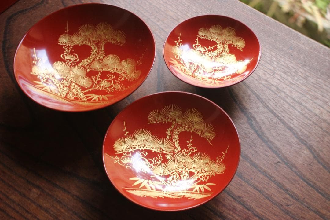 小傷有！極上朱漆に蓬莱沈金の美しい輪島塗の屠蘇器＆重箱セット（検お重