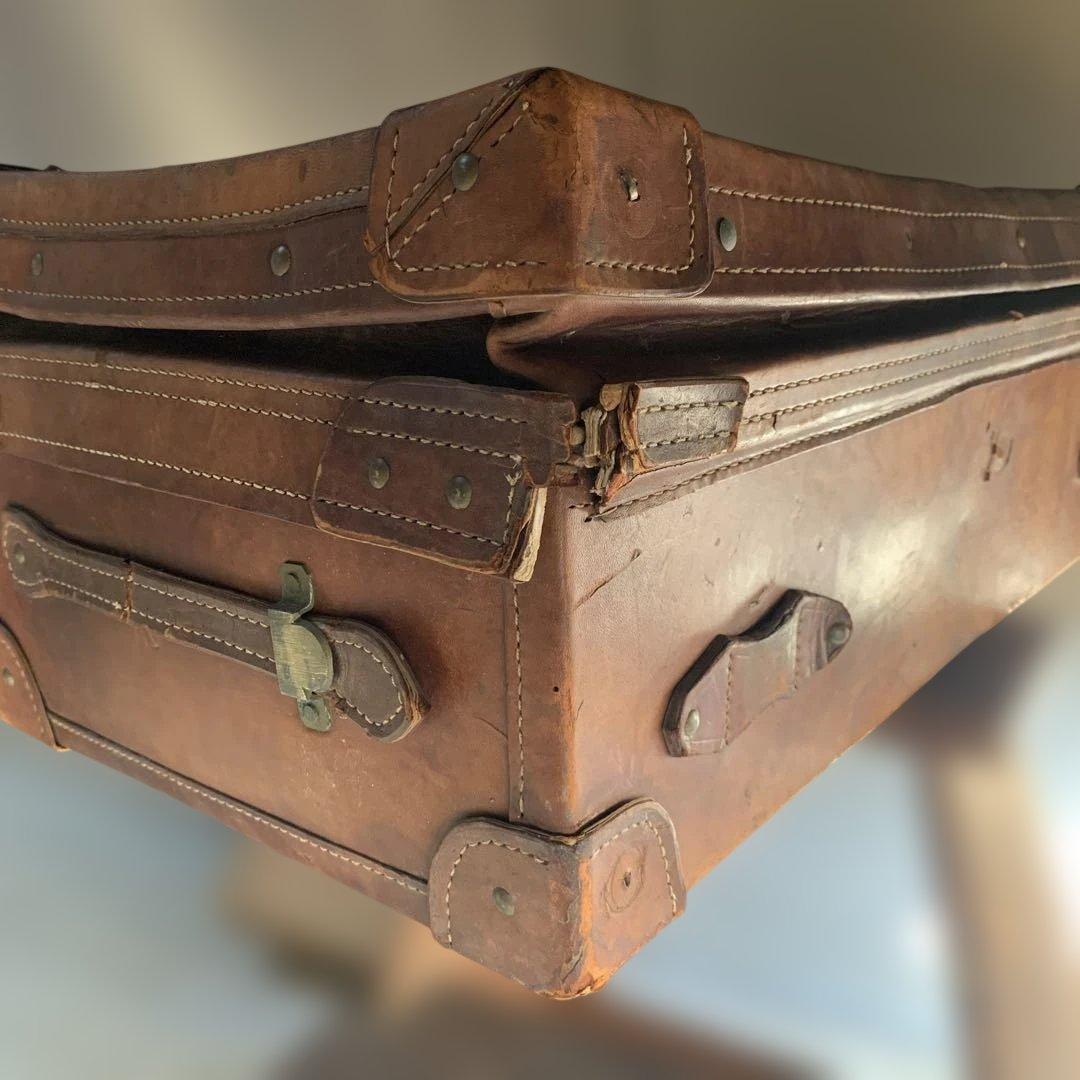 アンティークレザー本革トランク重厚収納ケースヴィンテージオブジェ昭和レトロ