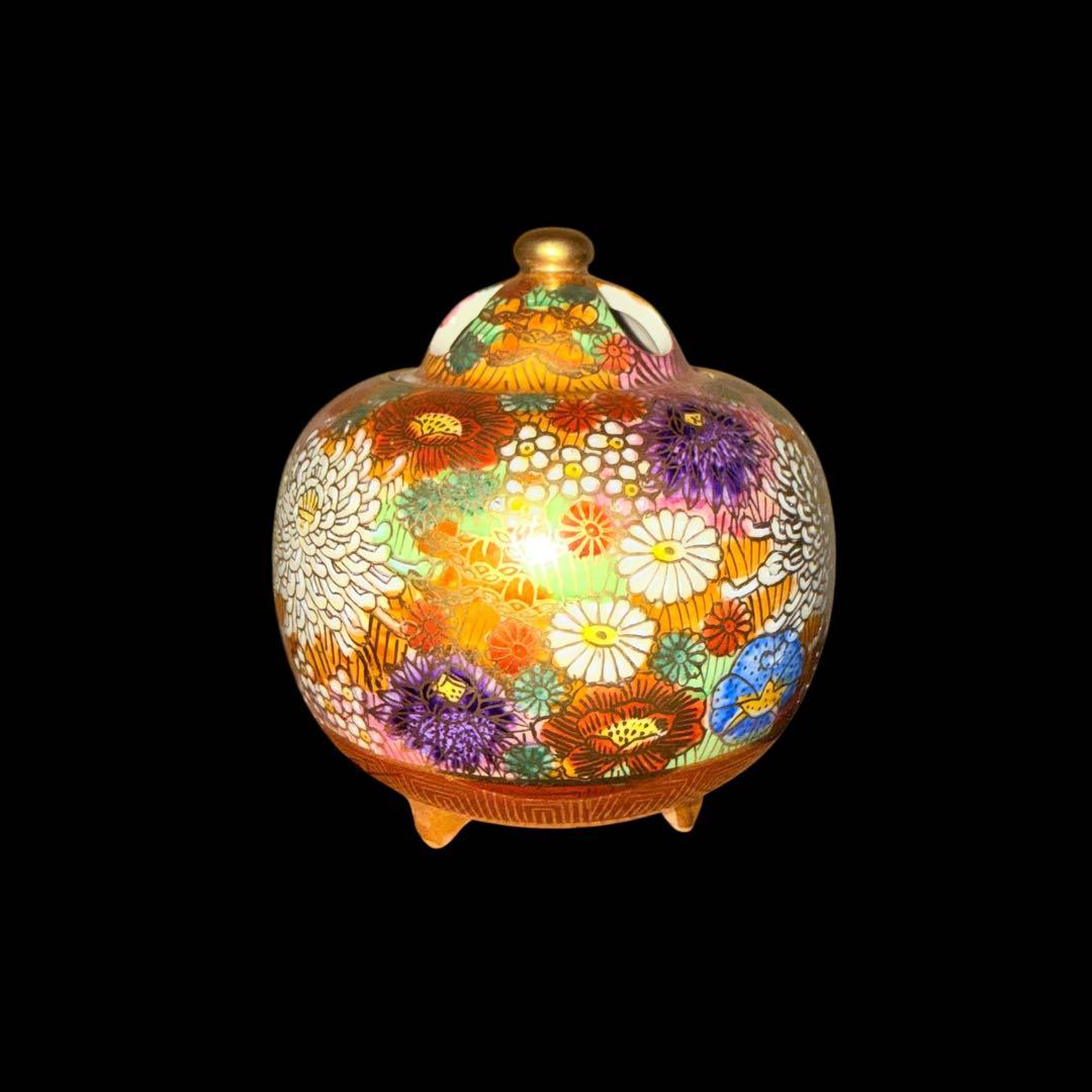 【未使用】九谷焼 幸仙窯 花柄香炉 木箱付き金彩花詰 陶器 陶芸 工芸品 骨董