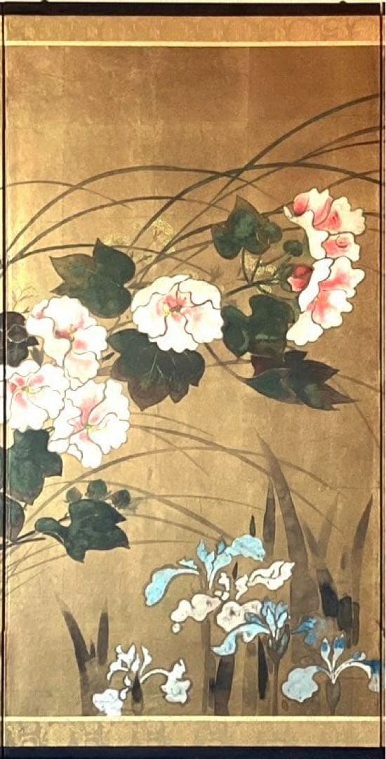 四つ折り屏風　日本画　金箔彩色　『牡丹に梅』