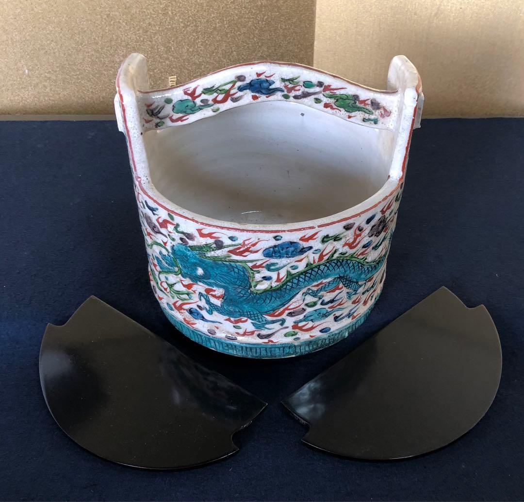 《レ》支那焼 龍 手付水指 手桶 塗蓋付 萬歴年製 木箱　251027う1