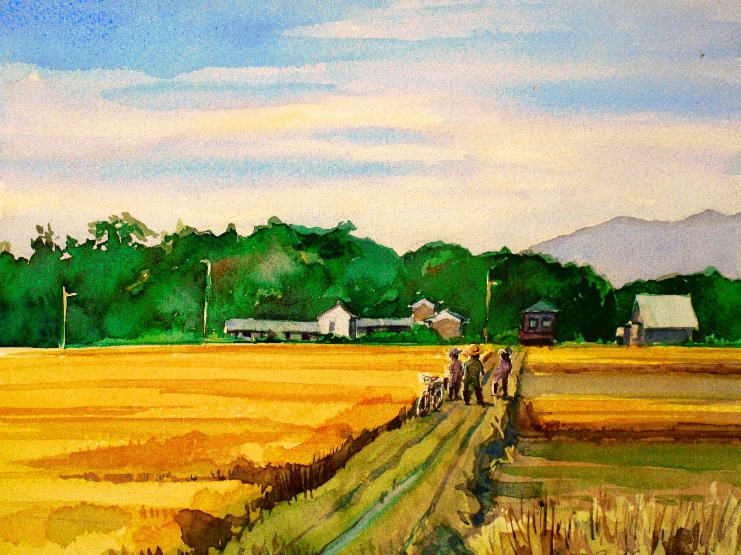 田園風景 水彩画 フレーム付き F6サイズ 原画
