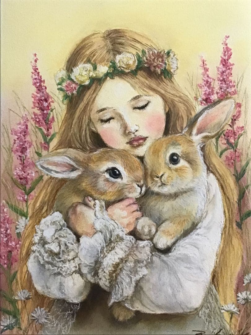 雨やどり　ハンドメイドパステル画　絵画アート原画